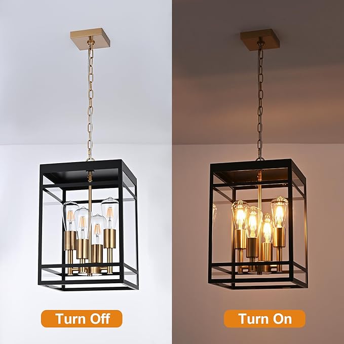 VINLUZ 16" Outdoor Pendant Light with Adjustable Chain, 4-Light Black and Gold Finish Outdoor Hanging Light Fixture, Exterior Hanging Lantern Chandelier for Entryway Patio Garden