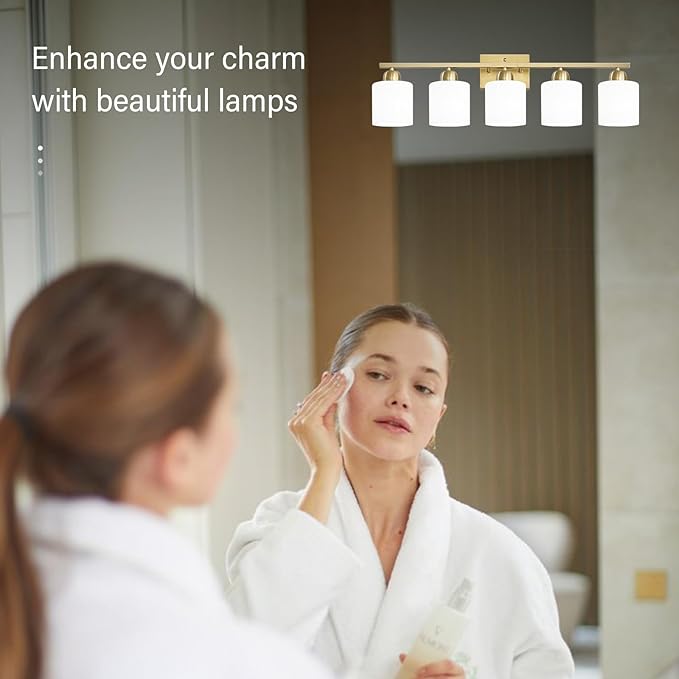 Bath Vanity Lights for Mirror, Restroom Lights Fixtures with Milky White Frosted Glass Shades,Bathroom Over Sink Light Fixtures, Bathroom Light Fixtures Over Mirror (Gold, 5-Light)
