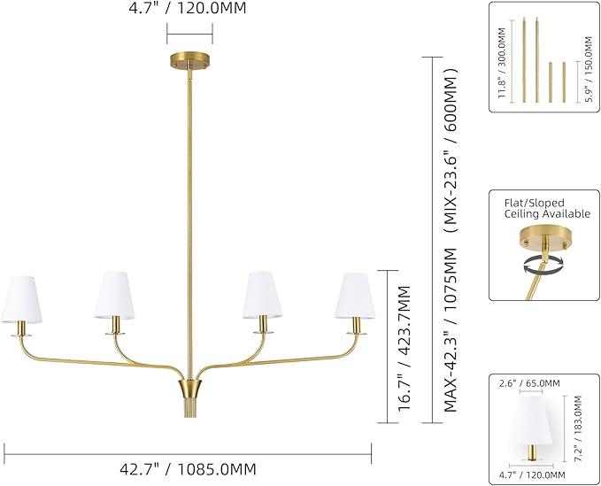 Modern 42" Linear Chandelier for Kitchen Island & Dining Room - 4-Light Gold Finish with White Fabric Shades, Adjustable Hanging Pendant Light Fixture, E12