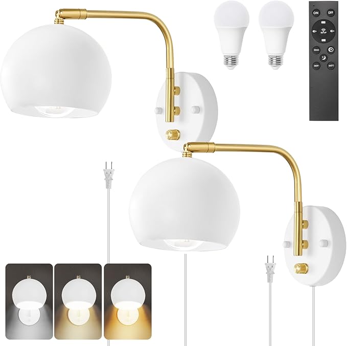 VATONI Wall Sconce with Remote Control, Plug in Wall Sconces Dimming 0-100% and Adjustable Color Temperature 2700K-6000K, Brushed Brass White Globe Swing Arm Wall Lights with Plug in Cord(2 Bulbs)