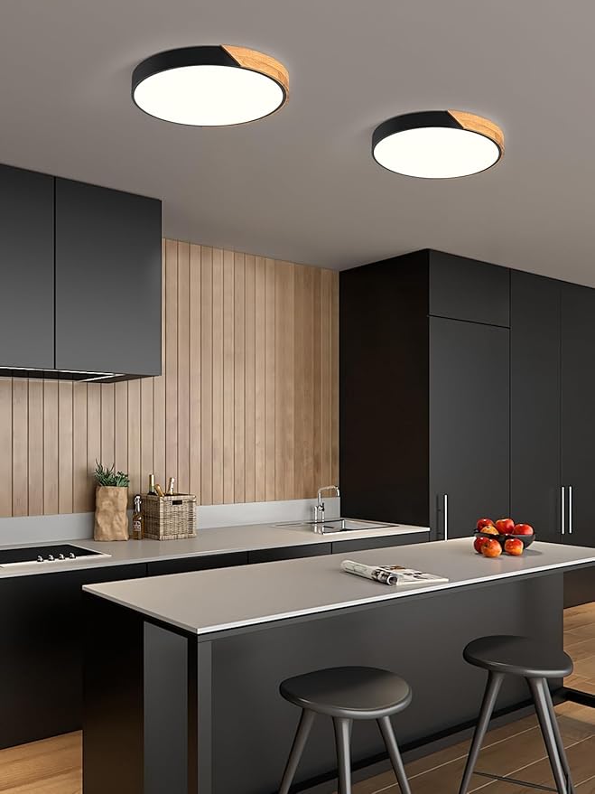 Modern Dimmable Black LED Ceiling Light, 2700 K - 6000 K 5CCT Wood Flush Mount Ceiling Lighting Fixtures, Minimalist Round Ceiling Lamp for Living Room Bedroom Kitchen Hallway（15.8in）