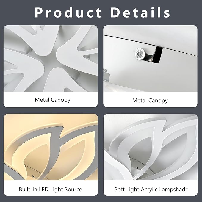 Modern Ceiling Light with APP & Remote Control, Dimmable LED Flush Mount Chandelier with 3-Color, White Acrylic Flower Ceiling Light Fixture for Living Room Dining Room Bedroom Kitchen-12-Leaves
