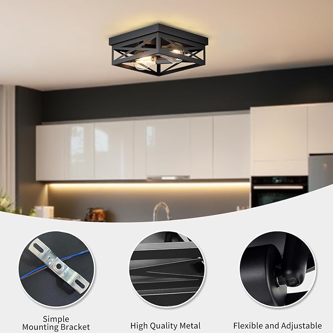 LVWIT 9.8 Inch Flush Mount Ceiling Light Fixtures, 2-Light Black Light Fixtures Ceiling Mount, Square Hallway Light for Kitchen Entryway Hall (E26 Base, Bulbs Not Included)