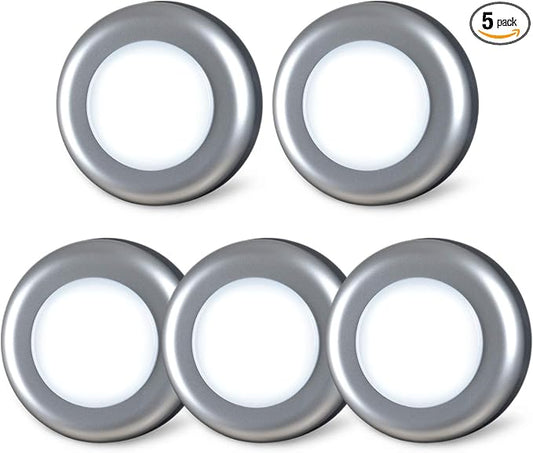 STAR-SPANGLED 5 Pack 2.8” Push Tap Lights, Stick on Touch Puck Lights AAA Battery Operated, LED Sticky Button Lights for Classroom, Kitchen, Under Cabinet, Closet (Sliver, Cool White)