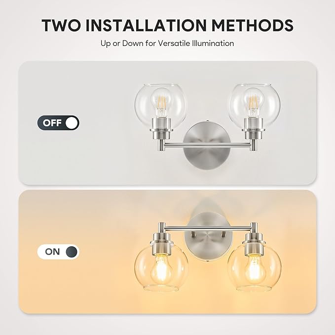 VONLUCE Bathroom Light Fixtures, 2-Light Vanity Lights with Globe Glass Shades E26 Sockets, Bathroom Lights Over Mirror for Bedroom Hallway Living Room, Brushed Nickel Finish, ETL Certificated