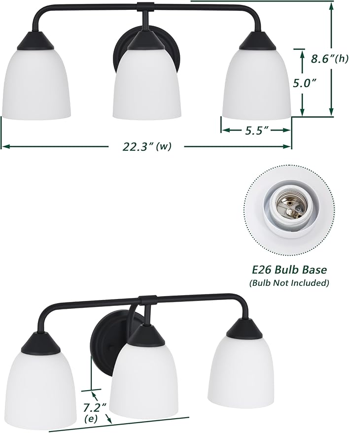 Black 3-Light Traditional Bathroom Vanity Light Fixtures Over Mirror, Modern Vanity Lights for Living Room, Standard E26 Base, Textured Black