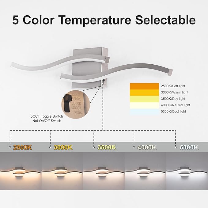 Brushed Nickel Curved Bathroom Vanity Light Fixture Over Mirror, 23.62 inch Modern LED Wall Lamp 5CCT Dimmable Bathroom Light Fixture Vanity Lighting Wall Sconces