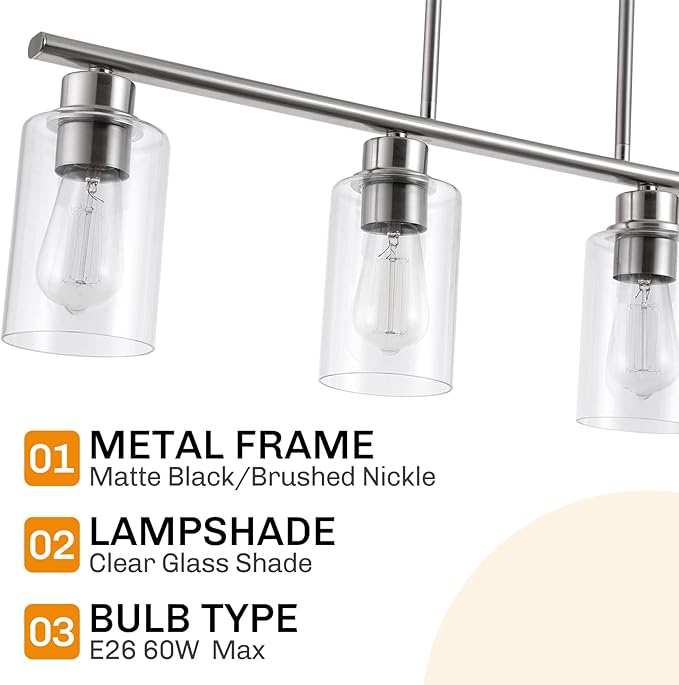 mavcadonf Kitchen Island Light, 4-Light Pendant Lighting, Farmhouse Dining Room Light Fixtures for Kitchen Island Dining Living Room, Brushed Nickel with Clear Glass Shade
