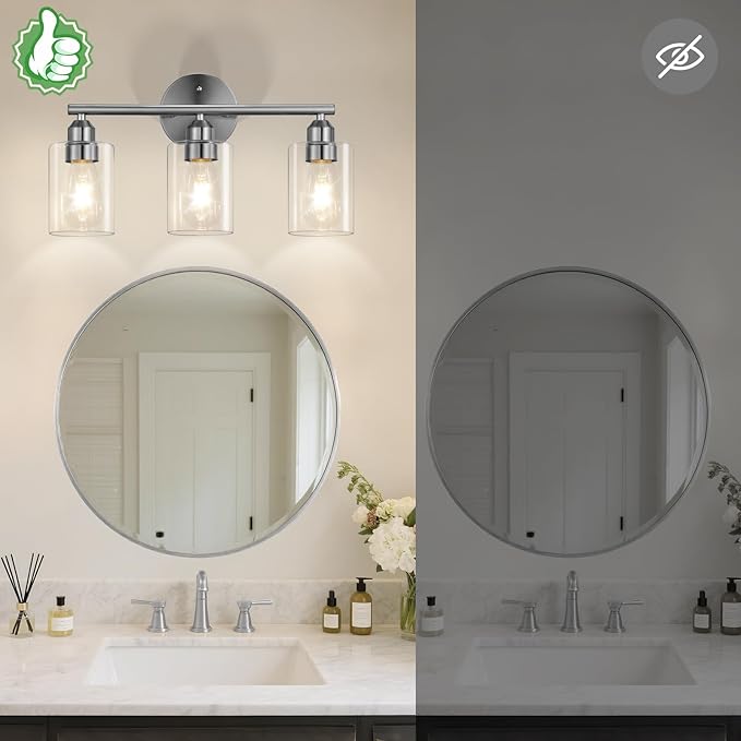 3-Light Bathroom Vanity Light Fixture, Modern Wall Lamp for Mirror with Clear Glass Shade, Silver Finish