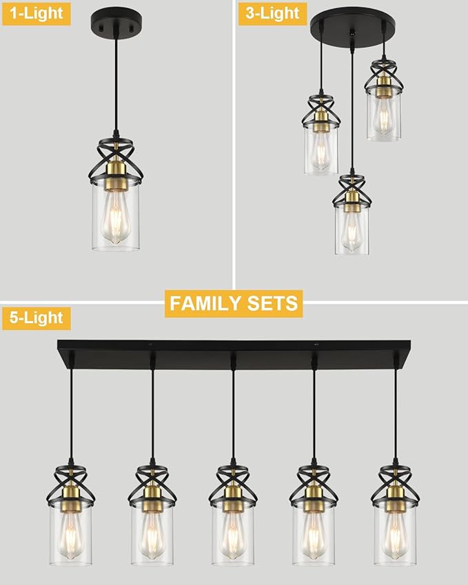 Modern Pendant Light Fixture, Black Gold Farmhouse Hanging Light for Kitchen Island, Industrial Clear Glass Pendant Lighting for Dining Room Bedroom, 3-Pack
