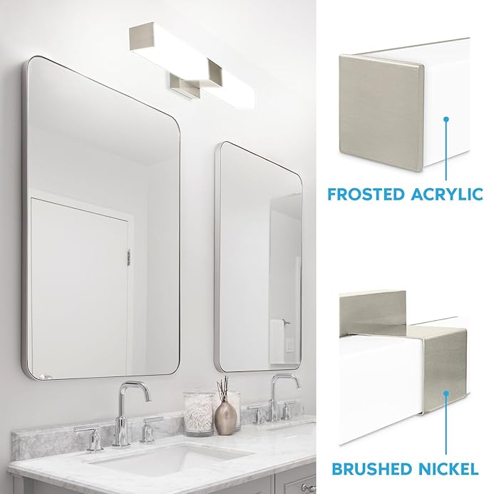 LUXRITE LED Bathroom Vanity Light Fixtures Square 24 Inch Brushed Nickel 5 CCT 2700K-5000K Selectable Over Mirror Vanity Lights Modern Wall Light Bar 24W 1500 Lumens CRI 90 Dimmable Damp Rated ETL