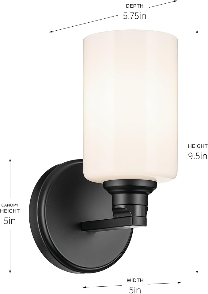 Kichler Gioe 5" 1-Light Wall Sconce Bathroom Light Fixture with Opal Glass in Black, Damp Rated for Powder Room, Kitchen, Hallway, Bedroom (5" x 9.5" x 5"), 55224BK