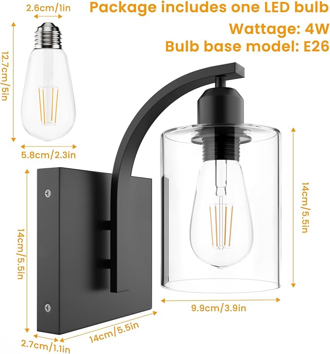LGMCF Battery Operated Bathroom Sconces Set of 2 Non-Hardwired Modern Magnetic Rechargeable Wall Sconces Matte Black Wall Lighting Fixtures with Clear Glass Shade for Bathroom Bedroom and Living Room