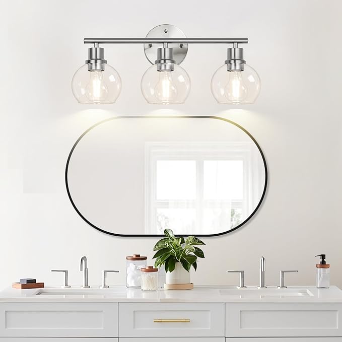 Indoi 3-Light Bathroom Light Fixtures, Brushed Nickel Modern Vanity Lights Over Mirror with Clear Glass Globe Shade, Bathroom Wall Sconces for Mirror Kitchen Living Room Hallway Cabinet Bedroom Porch