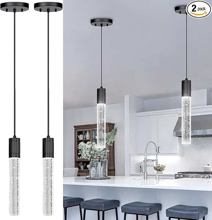 HAIXIANG Set of 2 Pendant Lights for Kitchen Island, White Light, Black Crystal Linear Pendant Lighting, Bar Corner LED Light Fixture