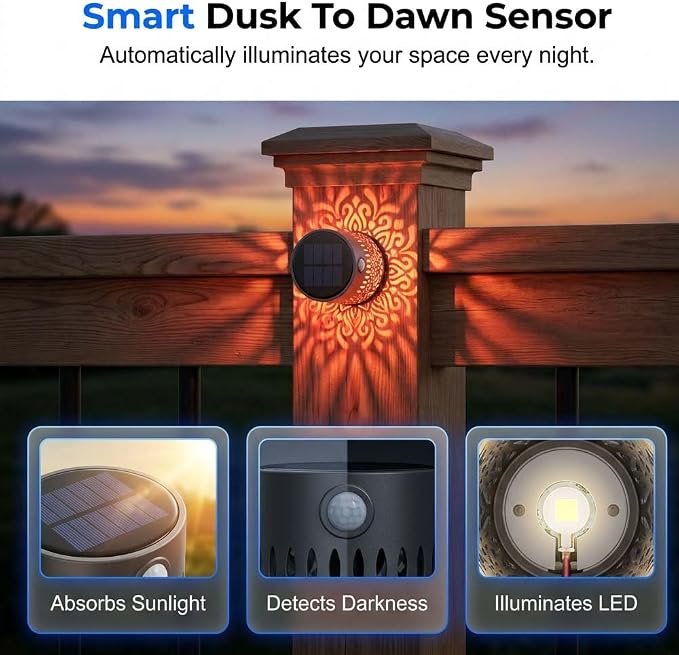 Decorative Solar Mandala Lights, Metal Solar Powered Outdoor Wall Lights Solar Powered Deck Step Stair Lights, Waterproof Mandalas Fence Light for Garden Post Patio Backyard Yard Decor (1, Flower)