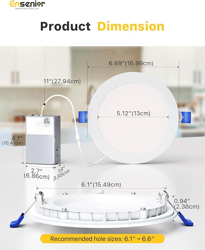Ensenior 16 Pack 6 Inch LED Recessed Ceiling Light, Dimmable, 3000K-5000K 3CCT, 1200LM 12W 120V, High Brightness Canless Wafer Downlight - ETL&FCC&IC