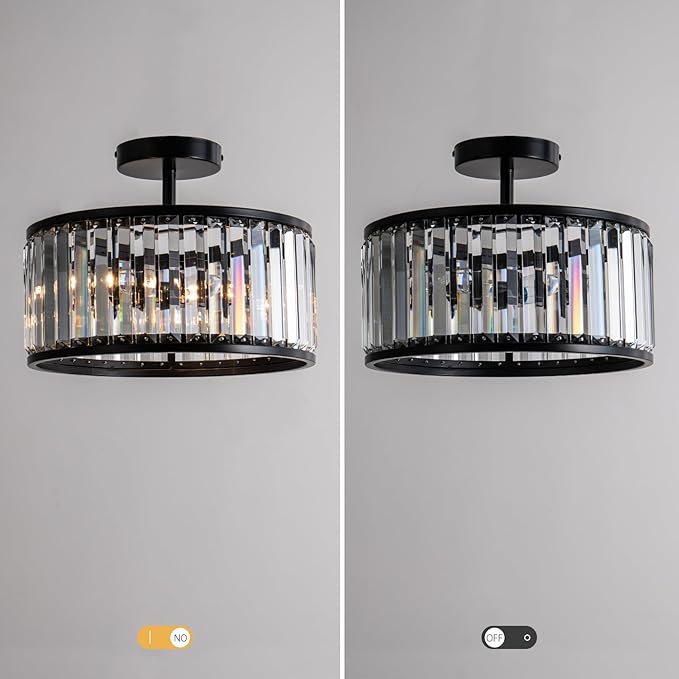 Black Crystal Ceiling Light Fixture,3 light crystal Semi Flush Mount Ceiling Lighting Fixture,Round Small kitchen ceiling light for Hallway, Entryway, Laundry Room, Kitchen, Bedroom, Foyer, Bathroom