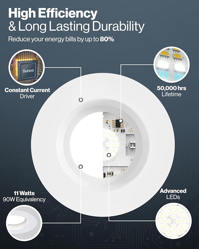 Sunco 4 Inch LED Recessed Lights Retrofit, Dimmable Can Lighting, 660 LM, 11W (40W Equivalent), Selectable CCT 2700K/3000K/3500K/4000K/5000K, Smooth Trim, Damp Rated UL 1 Pack