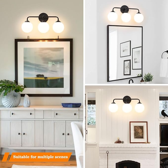 Black Bathroom 3-Lights Vanity Light Fixtures, Minimalist Vanity Lights with Milky White Glass Shade, Modern Wall Sconces over Mirror, Wall Lamp for Bathroom Dressing Table Bedroom Living Room