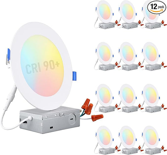 TORCHSTAR Basic Series 12-Pack 5CCT 6 Inch Ultra-Thin LED Recessed Lighting with J Box, CRI90, Aluminum, 2700K3000K3500K4000K5000K, 5%-100% Dimmable Slim Recessed Downlight, 12W 1100LM, ETL&FCC&ES