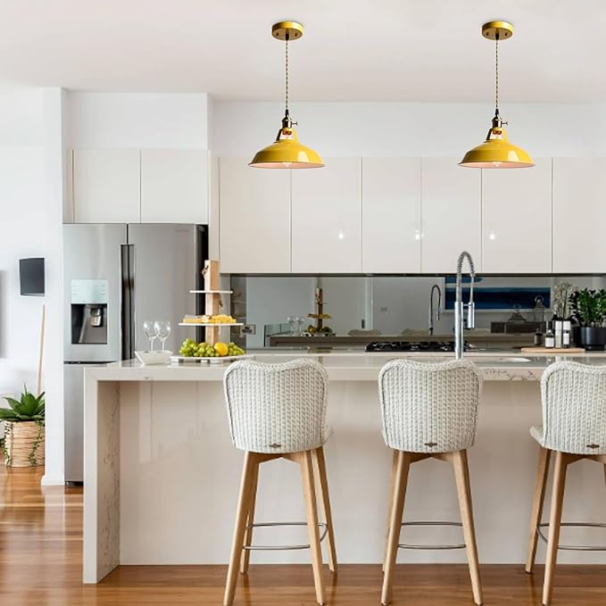 CLAXY Modern Pendant Lights Yellow Metal Barn Pendant Light Fixture Over Kitchen Island with Switch Adjustable Hanging Height Loft Light E26 Pendant for Dining Table Bedroom Cafe