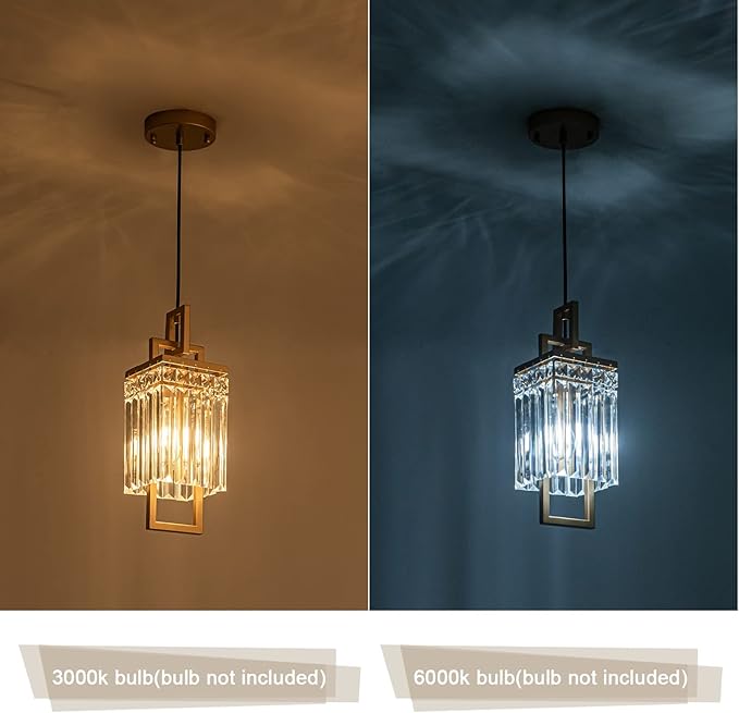 Modern Gold Pendant Light Fixtures for Kitchen Island and Dining Room, Industrial Small Hanging Crystal Chandelier Light Fixture for Bedroom Entryway Living Room Foyer Hallway 1-Pack