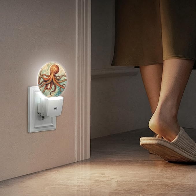 Round LED Night Lights Lamp with Dusk to Dawn Sensor, Vintage-Style Illustration of Octopus Night Light Plug Into Wall for Kids Room, Bedroom, Bathroom, Kitchen, Hallway