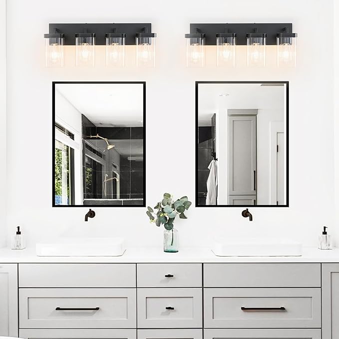 4-Light Bathroom Lighting Fixtures over Mirror, Matte Black Vanity Lights with Square Transparent Glass Shade. Modern Bathroom Vanity Light for Mirror Kitchen, Living Room, Gallery, Hallway