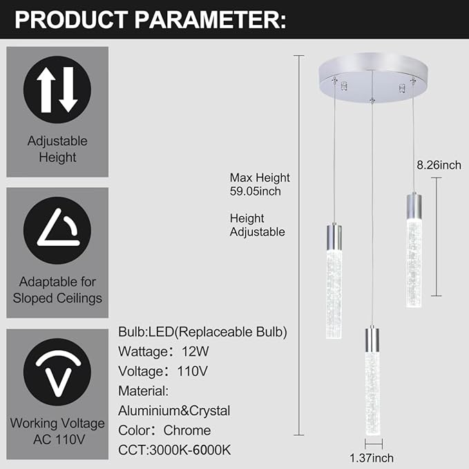 3-Light Bubble Crystal Ceiling Chrome Integrated Crystal Pendant Chandelier,Dimmable LED Ceiling Light with Adjustable Height for Kitchen Island, Dining Room & Bedroom 3000K -6000K