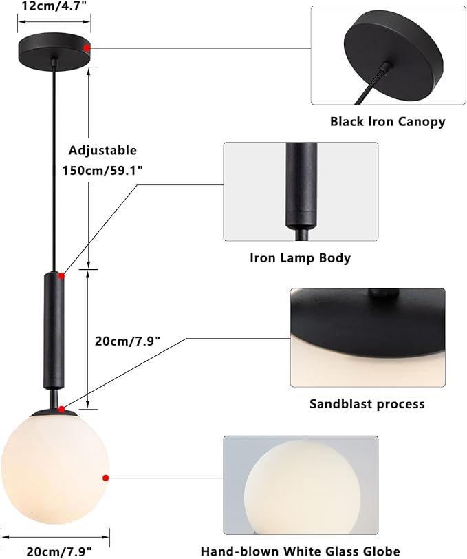 KCO Lighting Black Globe Pendant Light Mid Century Modern Pendant Lights Kitchen Island Industrial Farmhouse Round Glass Pendant Lighting Single Hanging Light Fixture (Black)
