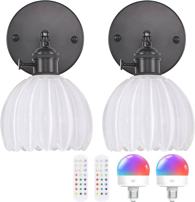 Shenmoyl Vintage Battery Operated Wall Sconce with White Tulip Glass Lampshade Rechargeable Battery Powered Black Wall Light with Remote Control for Bedside Bedroom Doorway, Set of 2