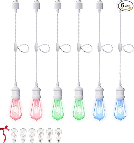 RGB Pendant Lights for Kids Room & Party Decor – 6-Pack White Track-Mounted Fixtures with Red Green Blue Bulbs, E26 Base, H-Type Track Compatible