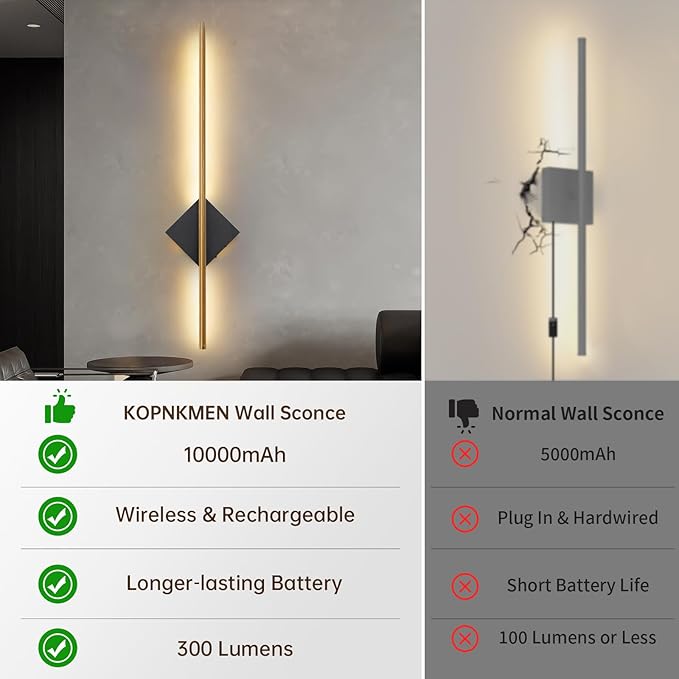 Battery Operated Wall Sconces Set of Two - Wireless Rechargeable Wall Light with Remote - Gold and Black Wall Lamp Dimmable Modern Home Decor for Bedroom Living Room Hallway Timing 31.5 Inch
