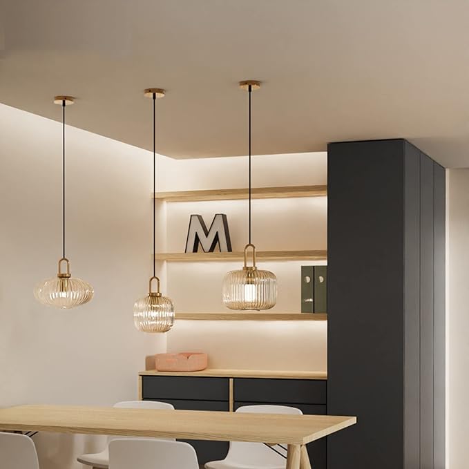 Industrial Vintage Pendant Lighting with Ribbed Glass Lamp Shade and Bronze Finish, Modern Retro Ceiling Light Hanging Lamp for Bedside Dining Table Kitchen Island (Transparent, 11.8")