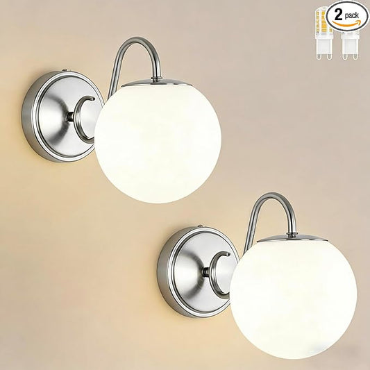 2-Pack Wall Sconce for Bathroom, Vintage Brushed Nickel Vanity Lights, Wall Mount Light Fixtures With Milk Glass Globe Shade, Indoor Wall Lights Fixture for Bedroom Living Room Mirror Hallway(G9 Incl)