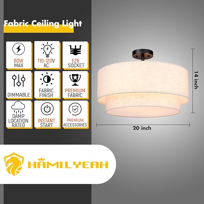 Hamilyeah 20 inch Semi Flush Mount Ceiling Light Fixture with 4 Light, Beige Drum Light Fixture Ceiling Mount with Fabric Shade, Modern Close to Ceiling Lighting Double Layer for Living Room, Bedroom