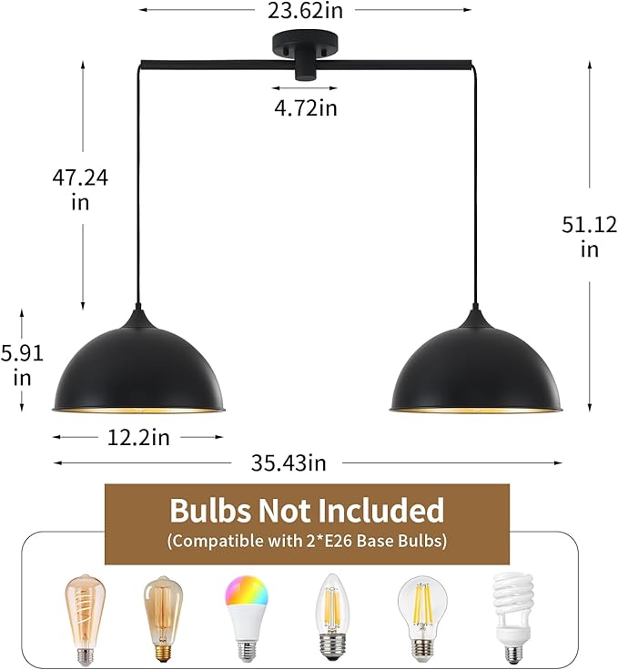 Pendant Lights Kitchen Island, 2-Pack Dome Pendant Light Black and Gold Light Fixtures Industrial Vintage Hanging Pendant Lighting for Farmhouse Dining Room Restaurant Cafe Entryway