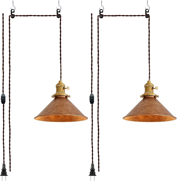 Plug in Pendant Light 8.2 Inch Rusted Copper Shade Vintage Industrial Design On/Off Switch 14Ft Adjustable Cord Hanging Lamp Plug in for Living Room,Bedroom Hanging Light 2 Pack