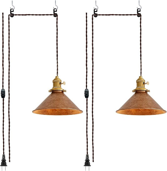 Plug in Pendant Light 8.2 Inch Rusted Copper Shade Vintage Industrial Design On/Off Switch 14Ft Adjustable Cord Hanging Lamp Plug in for Living Room,Bedroom Hanging Light 2 Pack