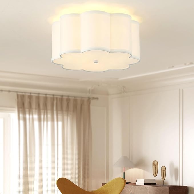 13.4"Semi Flush Mount Ceiling Light Fixture, 3-Light Modern Close to Ceiling Light With Fabric Flower-Shaped Shade, Light Fixtures Ceiling Mount for Bedroom Nursery Kids Room Living Room(White)