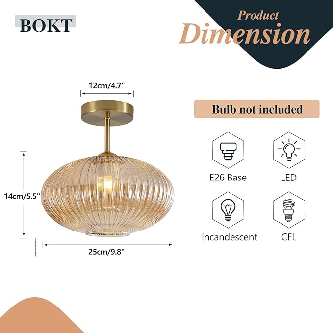 BOKT Vintage Brushed Brass Semi Flush Mount Ceiling Light Amber Ribbed Glass Pendant Light Mid Century Modern Gold Close to Ceiling Light Fixture for Indoor Use 9.8"