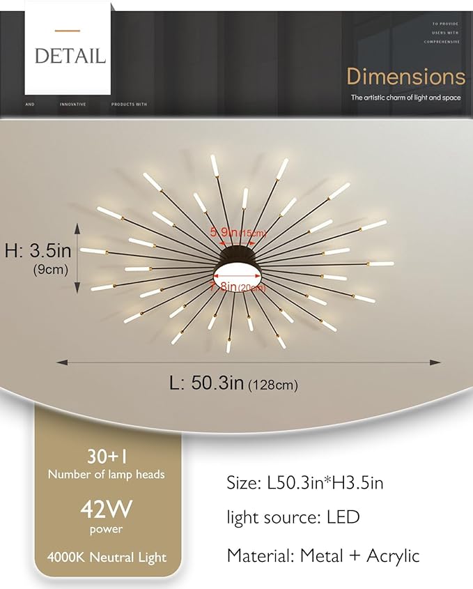 30 Lights Led Ceiling Light, 51 Inch Modern Semi-Recessed Chandelier, Black Indoor Lighting for Living Room Bedroom Kitchen Dining Room, 42W Fireworks Decorative Ceiling Light Close To The Ceiling