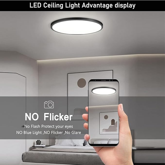 12Pack-12 Inch 3200LM Flush Mount LED Ceiling Lights,Black 28W Slim Ceiling Light Fixture Round Day White 6000K Thin Round Flat Ceiling Light 120V Surface LED Ceiling Light 300W Equivalent