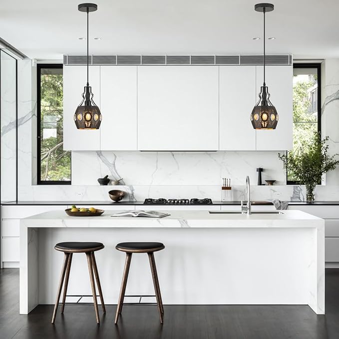 YLONG-ZS Black Lantern Pendant Lights Bedroom Restaurant 2 PK, Farmhouse Kitchen Island Pendant Ceiling Light with 6.07 Ft Wire, Hanging Pendant Lighting for Restaurant Bedroom Dining Room Living Room