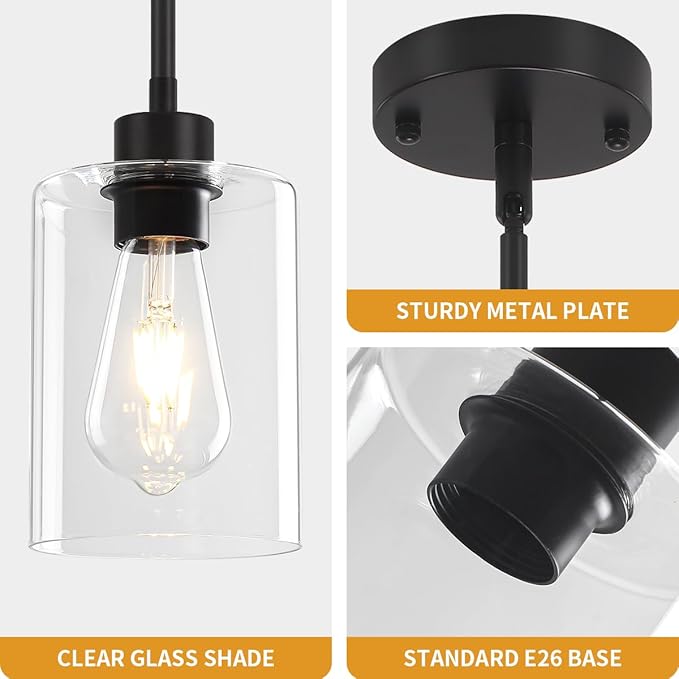 3 Pack Black Pendant Lights Kitchen Island, Modern Glass Pendant Lighting Over Island Kitchen Hanging Dining Room Light Fixtures Adjustable Pendant Lights for Bathroom Hallway Entryway Bedroom