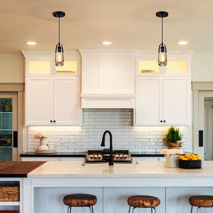 DEYNITE Mini Glass Pendant Light Fixtures Black Hanging Light with Clear Glass for Kitchen Bathroom Dining Table