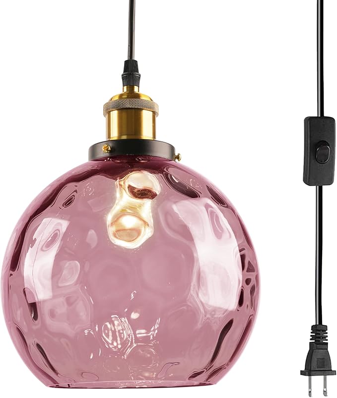 Pink Glass Hanging Light Plug in Hammered Glass Pendant Light Modern Hanging Globe Light Fixture Plug in Chandelier Lighting with Long Cord for Girls Bedroom Living Room Dining Room Ceiling