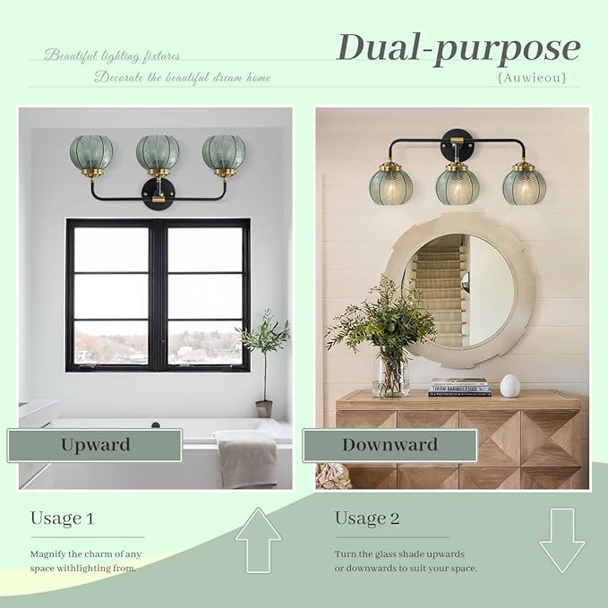 Black Wall Sconce 3 Light Bathroom Vanity Light Over Mirror, Vintage Wall lamp Green Glass Wall Sconce Light with Ribbed Glass Shade Bedroom Wall sconces for Bedroom Hallway Living Room
