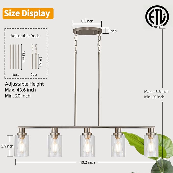 Kitchen Island Pendant Lighting, 5-Light Farmhouse Dining Room Light Fixture Over Table, Brushed Nickel Finish with Clear Glass Shade, Rustic Industrial Linear Chandelier for Kitchen Island